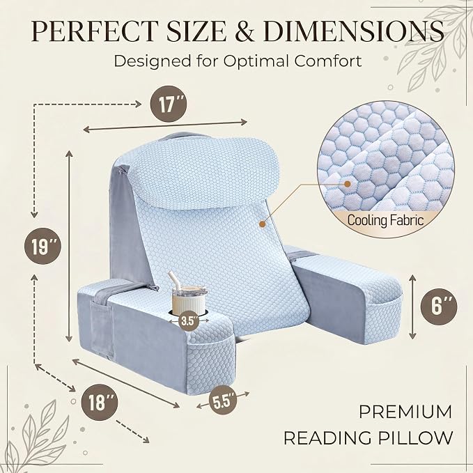 Reading Pillow for Adults, Back Pillow for Bed Sitting Up, Backrest Pillow for Sitting in Bed, Detachable Arms with Built-in Cup & Phone Caddy (White Cooling - Polka, 19 INCH) - Image 6