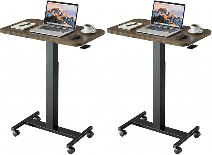 HUANUO Small Rolling Laptop Standing Desk, Height Adjustable Mobile T-Base Desk with Lockable Casters, Portable Sit-Stand Workstation for Bedside & Sofa, Walnut (Pack of 2) by HUANUO