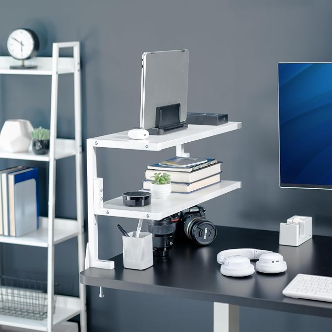 VIVO White Clamp-on 24 inch 2-Tier Desk Shelf, STAND-SHELF24C-W - Image 2