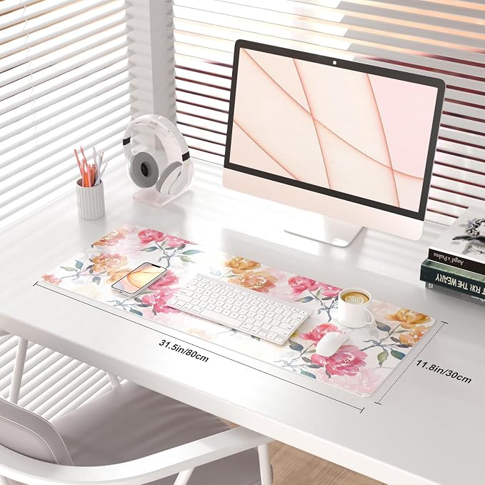 QiyI PU Leather Large Mouse Pad, Office Desk Mat, 31.5" x 11.8", Peonies | Desk Décor Accessories, Extended Size, Waterproof & Easy to Clean, Smooth Surface, Non Slip Desk Organization - Image 2
