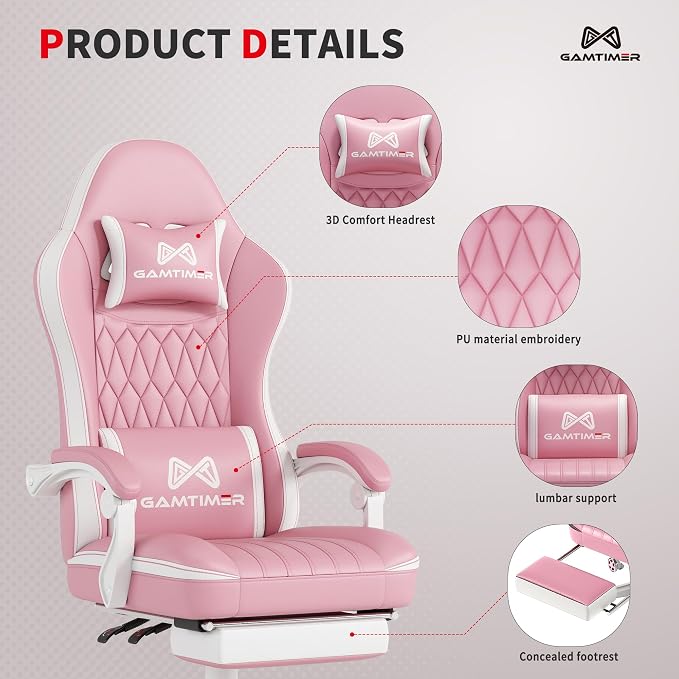 Gamtimer Gaming Chair with Footrest, Ergonomic Computer Chair, PU Breathable Material with Headrest and Lumbar Support, Suitable for Silla Gamer and Adults(Pink) - Image 4