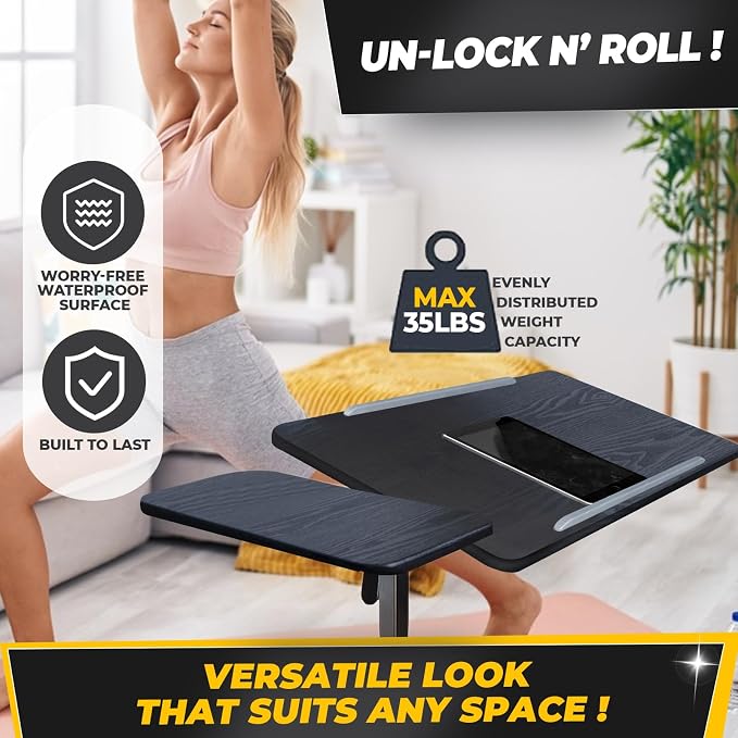 Recliner Table, Over the Bed Table with Wheels, Adjustable Width & Height, with Split Tilt Design & 4 Caster Wheels with Brakes (Black Oak Tabletop, Black Base) - Image 6
