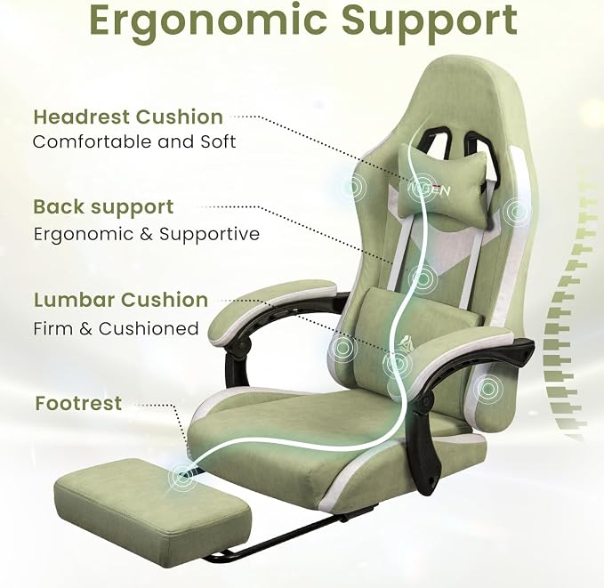 N-GEN GAMING Gaming Chair, Reclining Backrest, Footrest, Fabric, Green | Ergonomic Design with Reclining Backrest, Linkage Armrests and High-Density Foam, Comfy Seating for Computer or Home Office - Image 5