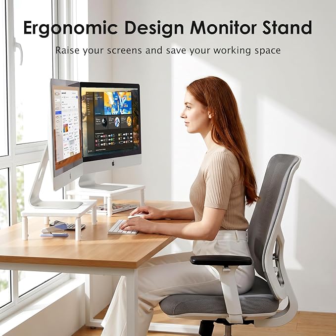 ECOLOVI Adjustable Wood Computer Monitor Stand Riser, Office Desk Organizer and Accessories for Monitor, Laptop, PC, Printer, Office Desk Accessories Workspace Organizer for Home Office Supplies, White - Image 6