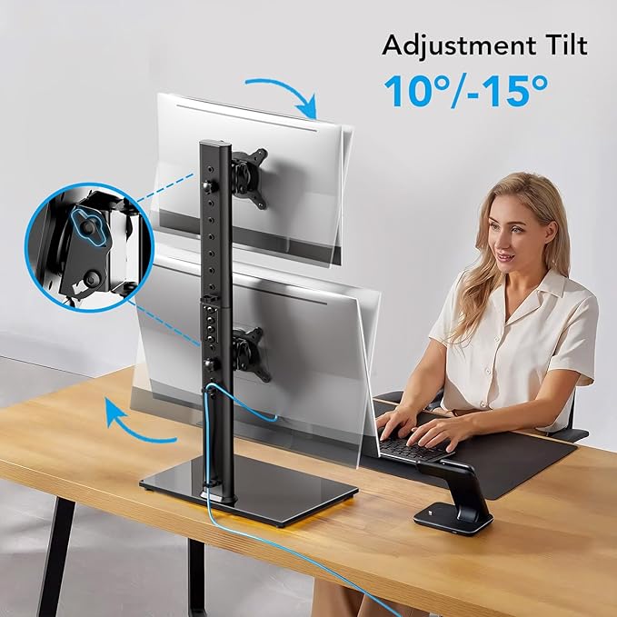 AX WABER Dual Monitor Stand Vertical Stack Screen Free-Standing Desk Mount Arm Riser Fits Two 13 to 34 Inch Computer Monitors with Swivel,Tilt, Height Adjustable,VESA Stand 100x100mm, 75x75mm AX05TB02 - Image 5