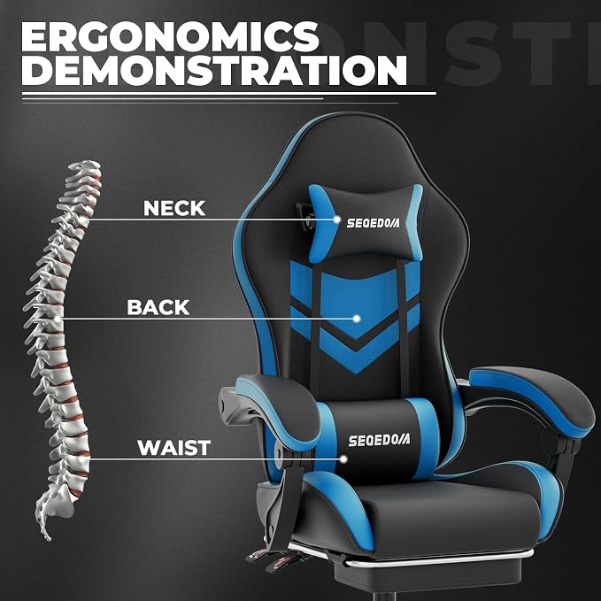 Gaming Chair with Footrest & Massage Lumbar Support, PU Leather Ergonomic High Back Swivel Height Adjustable Chair for Adults, Office Gaming, 300 lbs (Black Blue) - Image 7