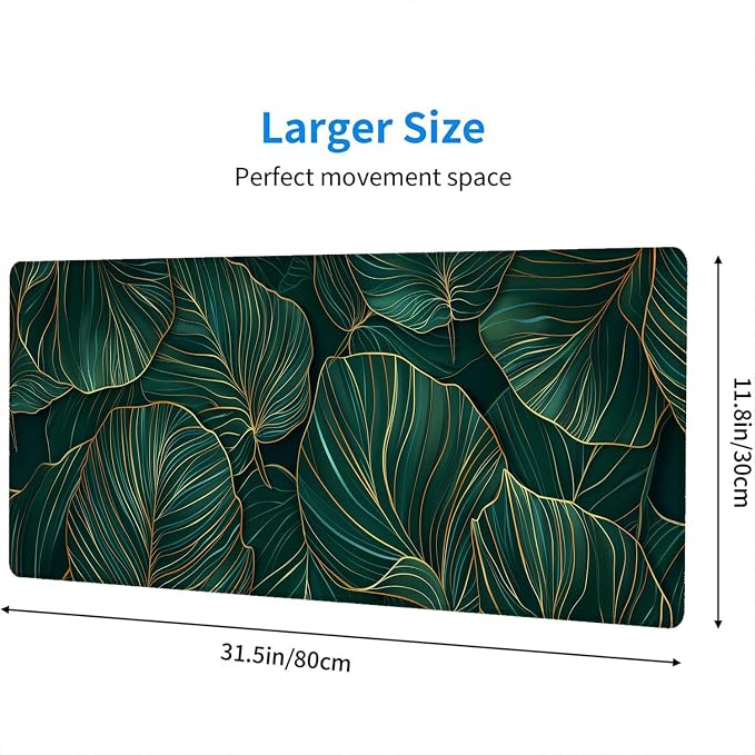 Green Leaves Desk Mat Gaming Mouse Pad Gold Tropical Palm Leaves Large Gaming Mouse Mat with Stitched Edges,Non-Slip Waterproof Rubber Base Mous Mat Office Computer Keyboard Laptop Home 31.5"x11.8" - Image 2