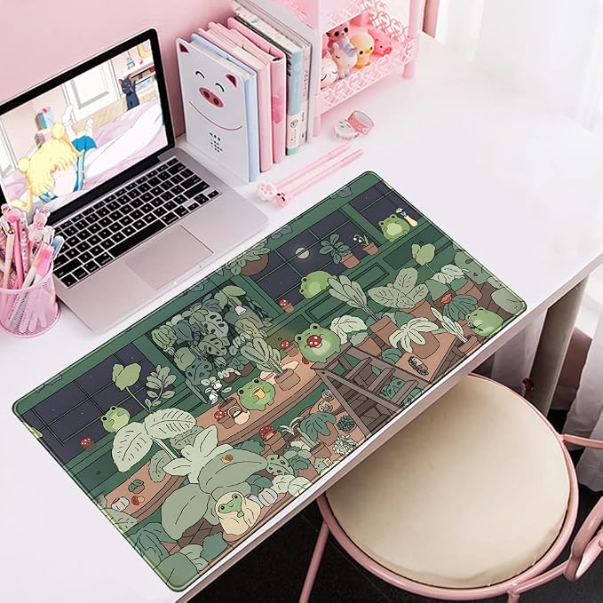 Cute Frog Mouse Pad Desk Pad Kawaii Green Desk Frog Decor Large Mouse Pad | Large Gaming Mouse Pad for Desk Computer Keyboard Laptop, Home Office Accessories for Girl (31.5x15.7 in)-with Stitched Eges - Image 5