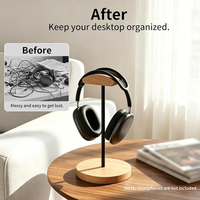 Headphone Stand Nature Wood & Metal Headset Hanger Mount Hook Gaming Holder Desktop Earphone Artful Functional Craftmanship Stand for All Headsets with Solid Wooden Base - Image 5