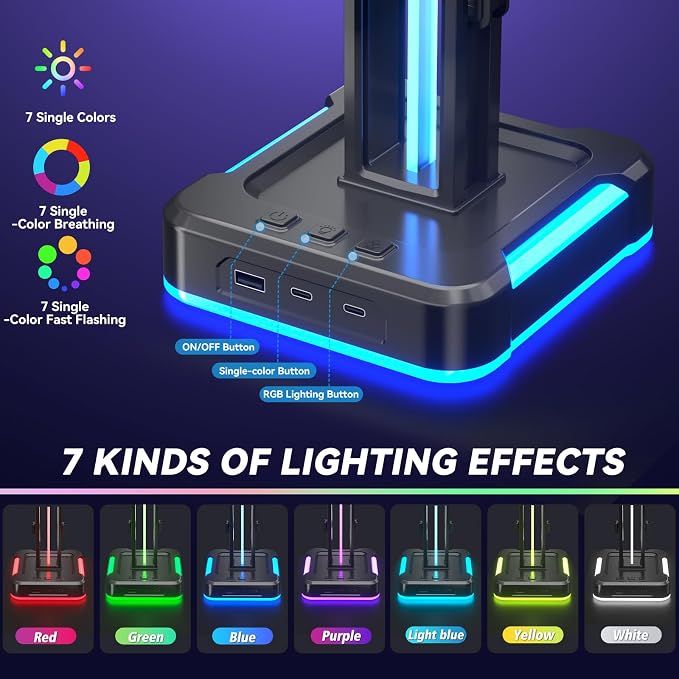 KDD RGB Gaming Headphone and Controller Stand with 2 Type-C and 1 USB Ports | Headset Stand with 9 Light Modes, Headset Holder for Desk, Controller Headphone Holder, For Gift PC Gaming Room Accessories - Image 4