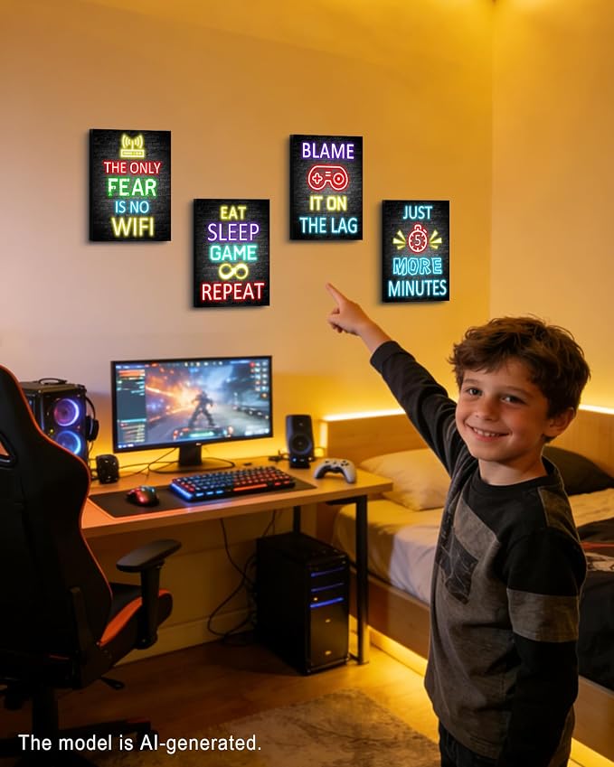 KUVIOKE Video Gamer Room Decor for Teen Boys Gaming Wall Art Gamer Neon Sign Teenage Bedroom Decor Ready to Hang Set of 4, 12x16in (Framed) - Image 2