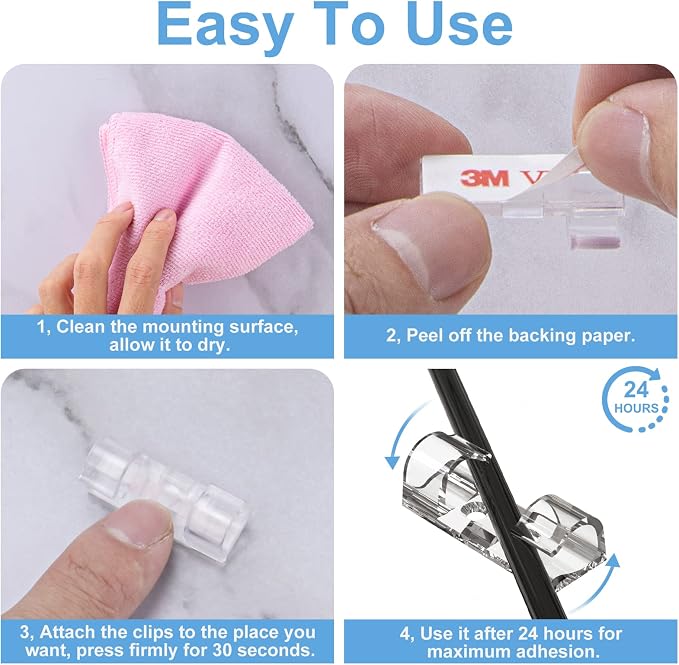 TidyHelper Adhesive Cable Clips Clear (40PCS, M), Indoor/Outdoor - Image 5