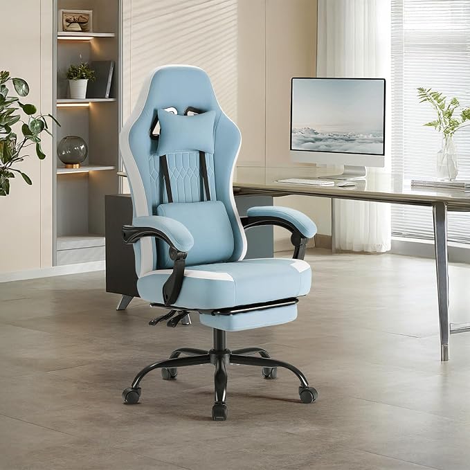 Sweetcrispy Video Game Chair, Ergonomic Computer Desk Chair, Lumbar Support | Footrest, Height Adjustable, Linkage Armrests, Headrest, Swivel Wheels, Blue - Image 8