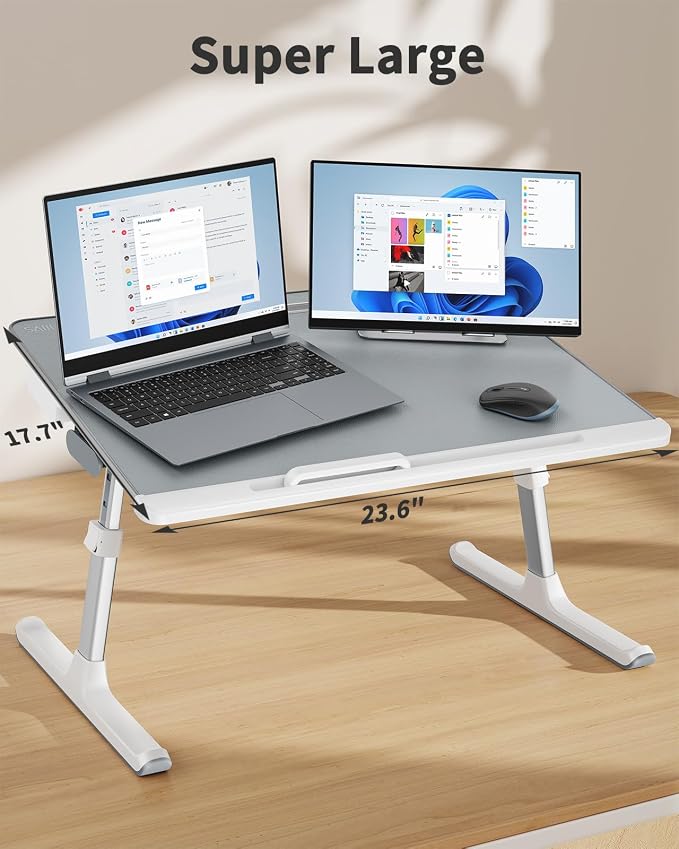 Laptop tray, SAIJI 60*45cm Table lap for bed, Multi-purpose Premium Lapdesk, Height Angle adjustable, with Book Stand, Drawer, Tablet slot, for Eating, Working, Writing, Gaming, Drawing (Light Grey) - Image 3