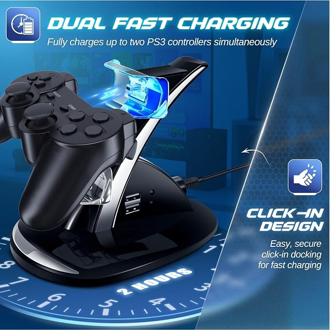 TNP Compatible with PS3 Controller Charger Stand for Sony Playstation 3 Controller compatible with Dualshock 3 Charging, 2 Tier Docking Station Stand and 2 USB PS3 Cable ports with LED Indicators - Image 2