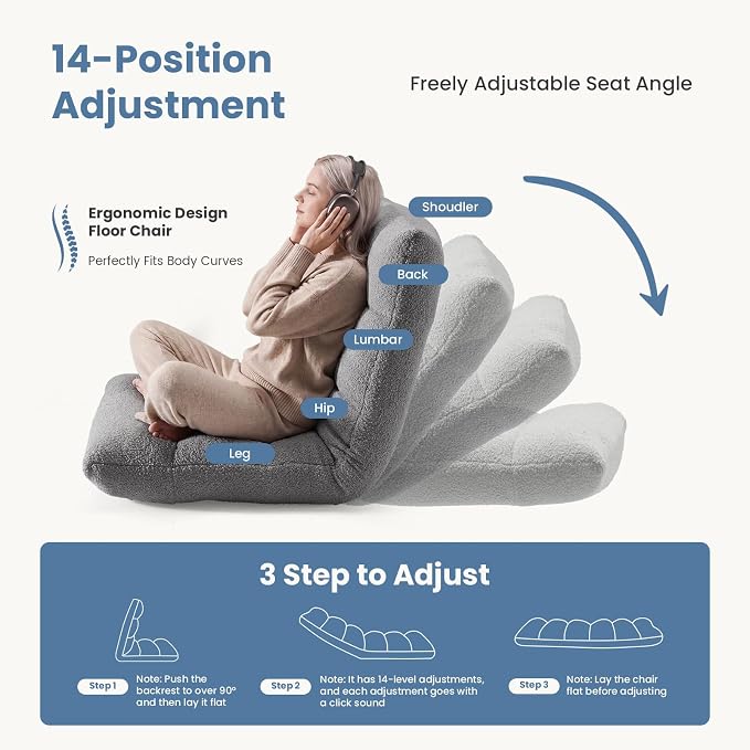 DUMOS Folding Floor Chair, 14-Position Adjustable Backrest Floor Seating | 5.9'' Thick Cushion Floor Seat with Teddy Velvet and Steel Frame for Adults, Kids, Reading, Meditation, Viedo Game, Grey - Image 4