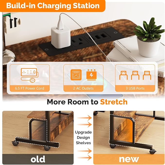 FCH 31.5" Mobile Small Standing Desk, Adjustable Height Mobile Computer Desk, w/2 AC Outlets + 3 USB Ports & Hooks, Storage Shelves, Suitable for Gaming, Studying, Home Office, Vintage Brown - Image 4