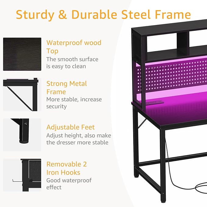 DLisiting Black Gaming Desk with Hutch and Pegboard - 47 Inch Gaming Desk with Shelves Storage Power Outlets, Computer Teen Work Study Writing Desks for Bedroom Home Office - Image 7