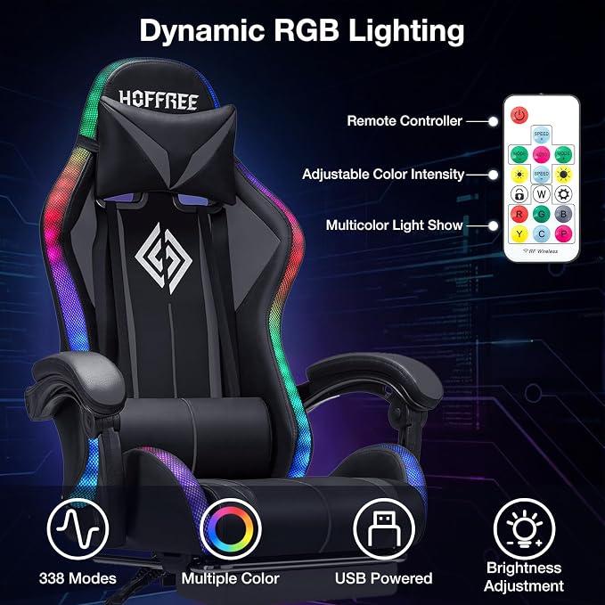 RGB Gaming Chair with LED Lights Massage Ergonomic Computer Chairs-Grey | High Back Video Game Chair with Footrest & Adjustable Lumbar Support Gamer Chairs for Adults Racing Style Recline - Image 5