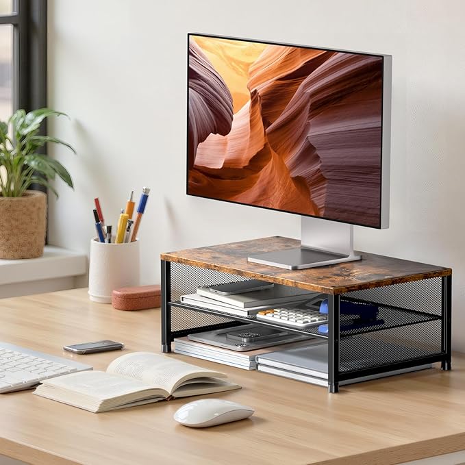 ECOLOVI 2-Tier Computer Monitor Stand Riser, Printer & Laptop Stand, Office Desk Accessories, Workspace Desk Organizer for Home Office Supplies, Brown - Image 2