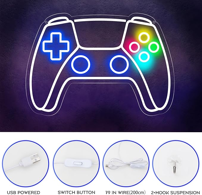 Gamer Neon Sign, Gamepad Shaped LED Neon Sign for Gamer Room Decor, Gaming Neon Sign for Boys Room Decor, Neon Gaming Sign for Gaming Wall Decor, USB Powered Gamer Gifts for Teens, Boys, Kids - Image 3
