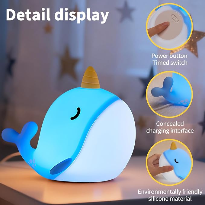 Narwhal Night Light, USB-C Rechargeable Silicone Lamp with Tap Control, 3-Level Dimming & 30-Min Auto Timer, 7-Color Changing Squishy Nursery Light, Birthday Gift for Kids - Image 7
