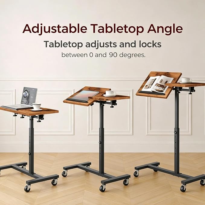 MAHANCRIS Overbed Table with Wheels, Height Adjustable Overbed Bedside Table, Tilting Desktop Mobile Standing Desk, C-Shaped Side Table for Livingroom or Bedroom, Rustic Brown and Black ETHR6801 - Image 5