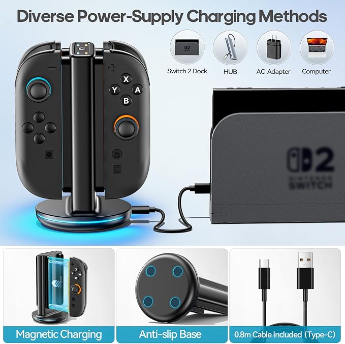 Switch 2 Joycon Charger with 9 RGBs, Switch 2 Controller Charger with Magnetic & Bi-Directional Design, 4 in 1 Joycon 2 Charging Dock Station Stand with Cable for Sega Genesis Console - Image 6