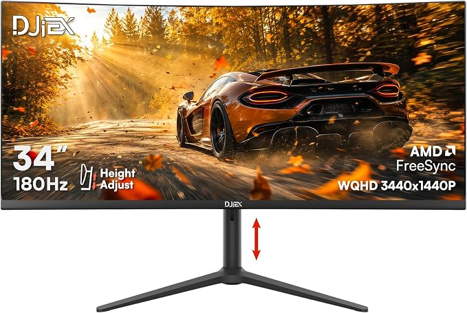 34 Inch Ultrawide Curved Gaming Monitor, 180Hz, Height Adjustable | WQHD 3440x1440, 1500R, 4000:1, 127% sRGB, FreeSync, 16.7M, Curvature & 178° Viewing Angle, Base for Computer, Business by HomePage