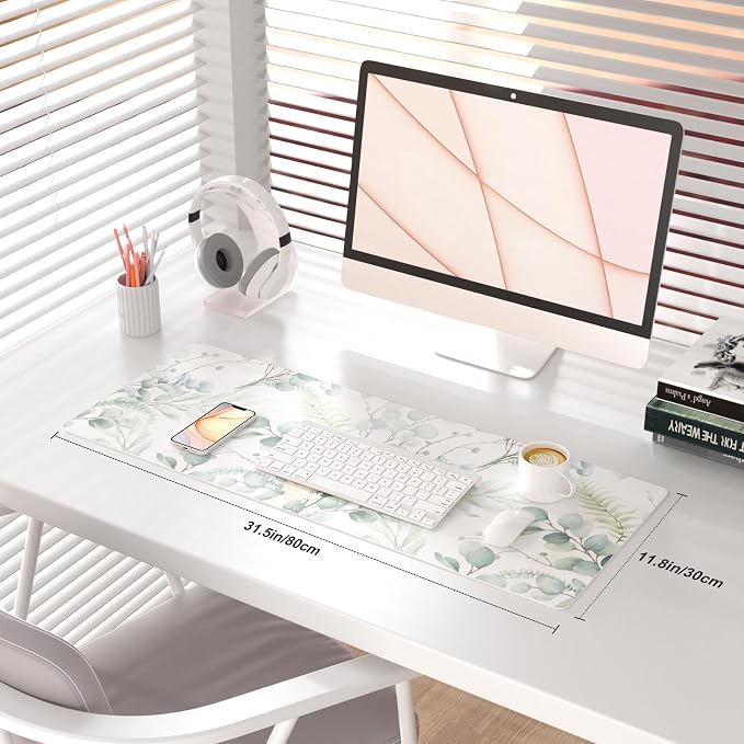 QiyI PU Leather Large Mouse Pad, Office Desk Mat, 31.5" x 11.8", Eucalyptus | Desk Décor Accessories, Extended Size, Waterproof & Easy to Clean, Smooth Surface, Non Slip Desk Organization - Image 2