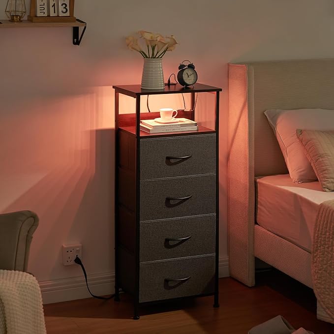 Somdot Tall Nightstand with 4 Drawers, Charging Station & LED Light - Image 2