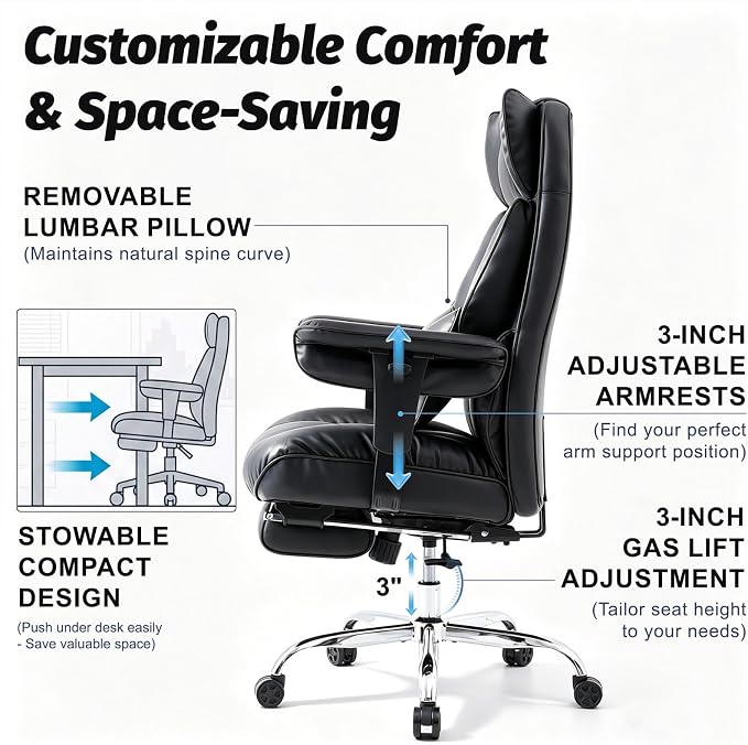 Efomao Executive Office Chair 400lbs, Black Big and Tall Desk Chair | Mattress-grade pocket spring cushion, sleek leather, 135° recline & footrest for computer gaming setup. - Image 9