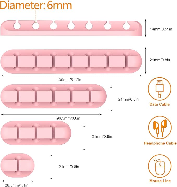 TviewSmart Cord Organizer for Desk, 5 Pack Cord Holders, Cable Clips, Pink - Image 3