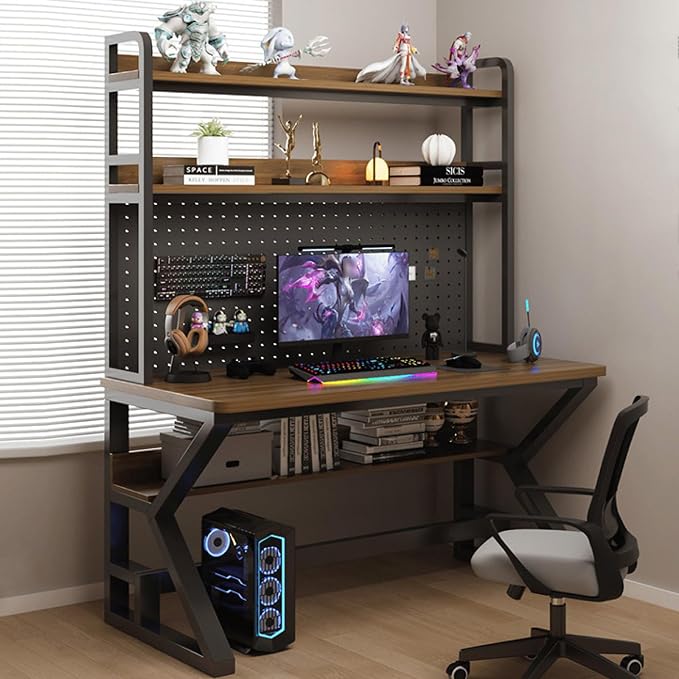 Computer Desk with Pegboard & Storage Shelves, Industrial Gaming Desk PC Desk Multifunctional Workstation for Home Office(80CM, Walnut) by Unknown