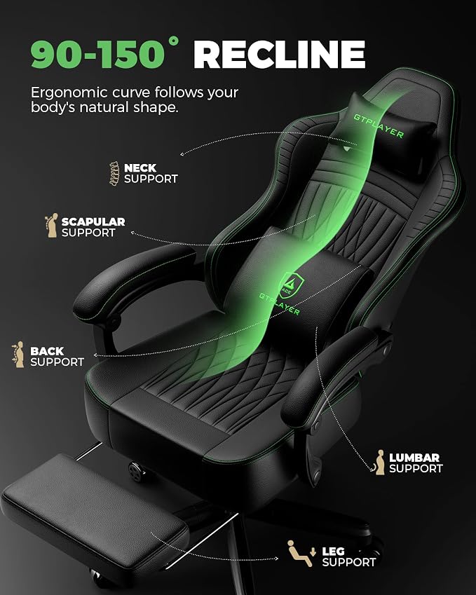 GTPLAYER Gaming Chair, Video Game Chairs with Footrest, PC Gamer Chairs for Adults - Padded High Back Ergonomic Reclining Silla Gamer, Linkage Armrest, Ace Pro, Black Green - Image 6