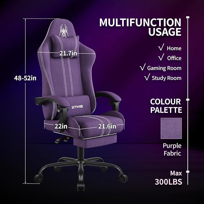 SITMOD Fabric Gaming Chair with Footrest-Breathable Computer Chair with Headrest & Lumbar Pillow,Big and Tall Ergonomic Gamer Chair for Heavy Adults,22.44" Deep Seat Gaming Chairs for Adults(Purple) - Image 3
