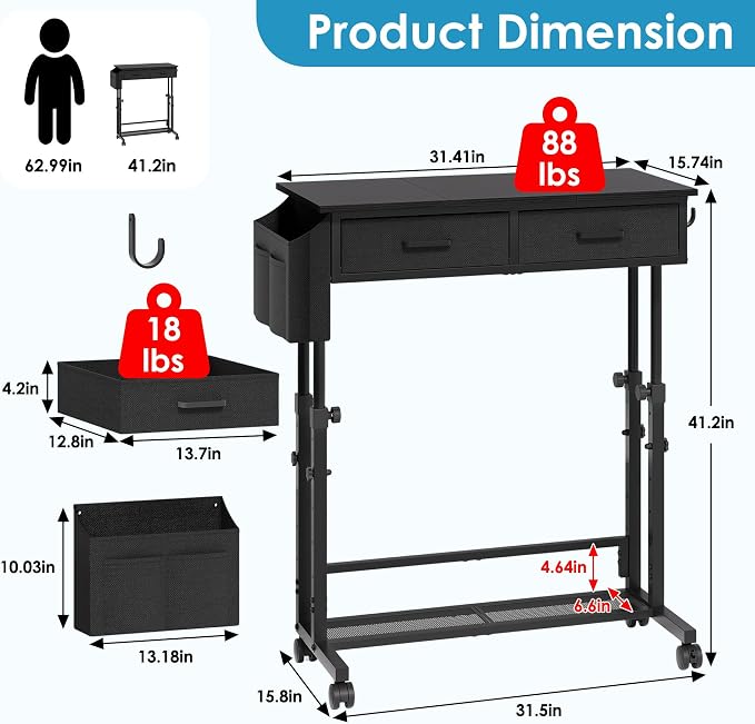 Small Standing Desk with Storage, Height Adjustable Sit Stand Desk with Drawers, Mobile Office Desk with Wheels and Side Pocket, Adjustable Laptop Workstation for Home Office - Image 2