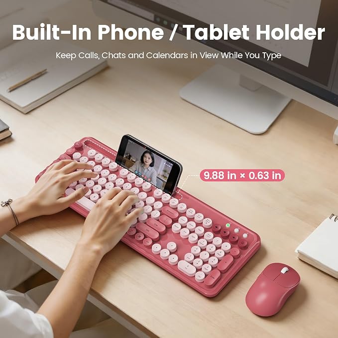 Wireless Keyboard and Mouse Combo, Retro Round Keycaps, Full-Size Stylish Typewriter Keyboard with Large Phone/Tablet Holder, 3-Level DPI Ergonomic Mouse, 2.4GHz Cordless for Windows PC, Rose Pink - Image 2