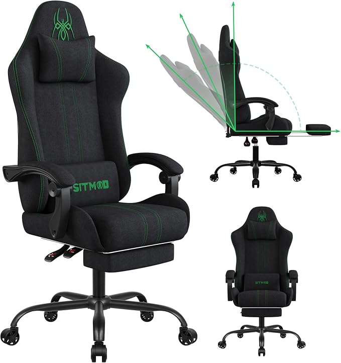 Fabric Gaming Chair with Footrest, Big Tall Reclining Ergonomic Chair | Breathable Fabric, Spacious Seat, Headrest And Lumbar Support Provide Lasting Comfort For Gaming, Work And Relaxation by SITMOD