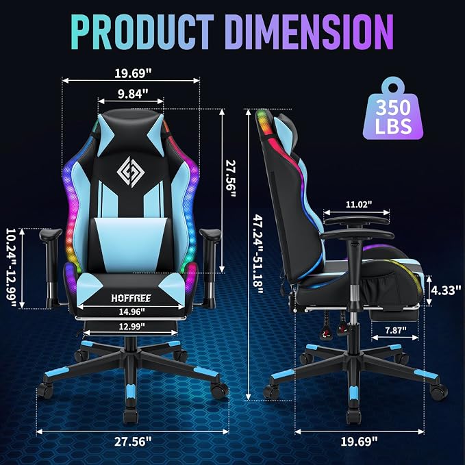 HOFFREE RGB Gaming Chair for Kids LED Computer Chair 155°Recliner-Blue | PC Game Chair with Lights Gamer Chair for Boys Teens 8-15 Video Game Chairs with Footrest and Lumbar Support Racing Style - Image 3