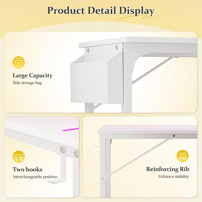 DurayLoly 40" Gaming Desk with Waterproof LED Lights for Bedroom,White - Image 7
