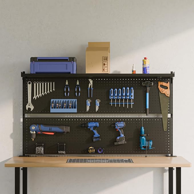 EUREKA ERGONOMIC Desk Pegboard Dual Monitor Stand 59x34 Black | Large steel pegboard with dual monitor stands, LED lighting, privacy panel and modular accessories for gaming desks - Image 2