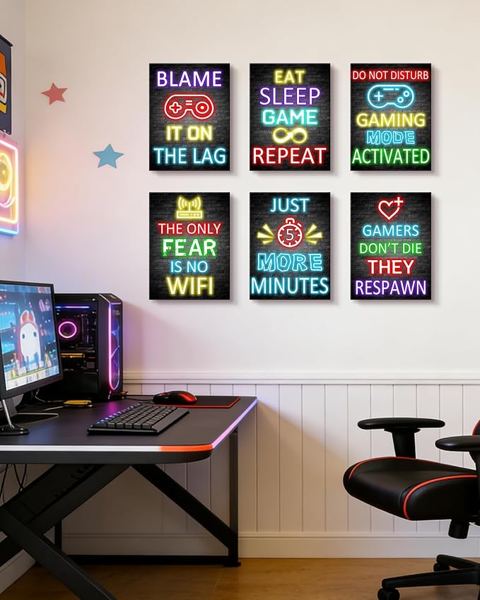 KUVIOKE Video Gamer Room Decor for Teen Boys Gaming Wall Art Gamer Neon Sign Teenage Bedroom Decor Ready to Hang Set of 6, 12x16in (Framed) - Image 7