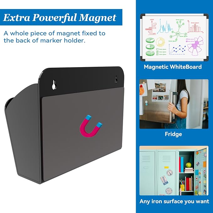 Dry Erase Marker Holder with 3 Compartments, Wall Mounted Magnetic Marker Organizer for Whiteboard, Fridge, Locker, Pen Holder, Acrylic Pencil Holder, Black - Image 2