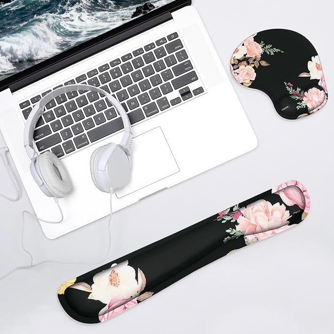 MOSISO Curved Wrist Rest Support for Mouse Pad&Keyboard Set, Black | Peony Ergonomic Mousepad Non-Slip Base Home/Office Pain Relief&Easy Typing Cushion with Neoprene Cloth&Raised Memory Foam - Image 2