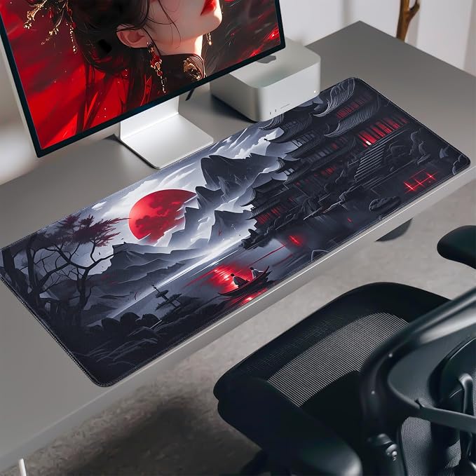 FreeNook Black Mouse Pad Gaming Keyboard Pad 35.4 x 15.7 in Computer Mouse Pad Anime Gaming Mousepad, Expanded Architecture Cool Desk Pad, Japanese Red Moon Large MousePads Suitable for Home Office - Image 7