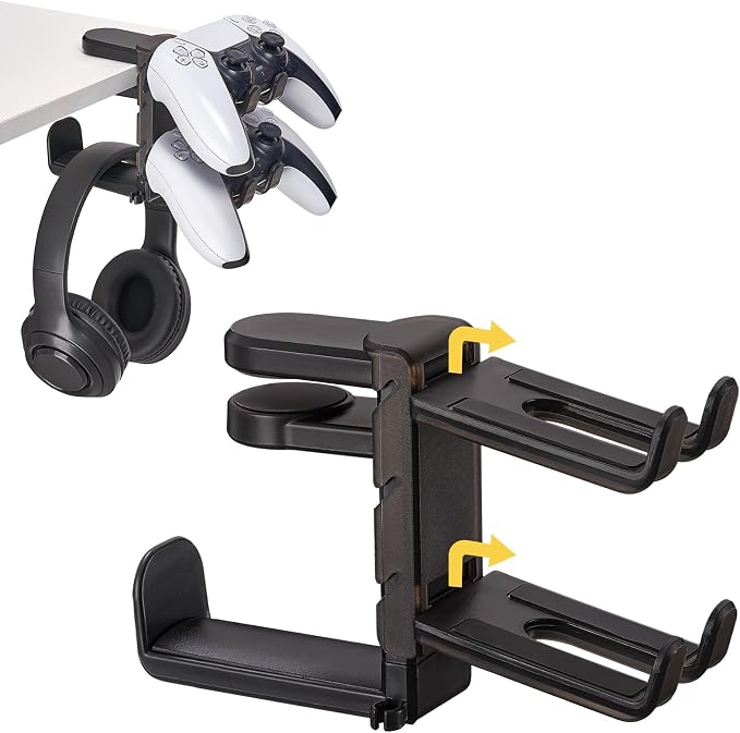 3 in 1 Under Desk Headphone Hanger with Adjustable Clamp Mount, 2 Controller Slots & 1 Headset Universal Holder Stand, Rotatable Hook Rack & Cable Organizer, for Home Gaming Xbox ps5 - Black by Unknown