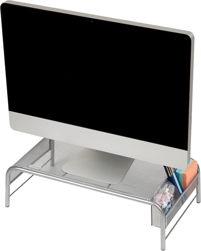 Mind Reader Monitor Stand, Ventilated Laptop Riser, Desktop Organizer, Side Storage, Metal Mesh, 20"L x 11.5"W x 5.5"H, Silver - Image 4