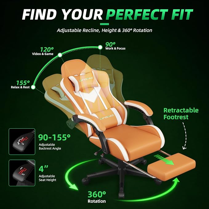 Gaming Chair Ergonomic Gamer Computer Office Chair,Footrest Lumbar Support | Reclining High Back, 400lbs Load, Pocket Spring Cushion, Adjustable Height, Linkage Armrests, 360° Swivel, Orange PU Leather - Image 5