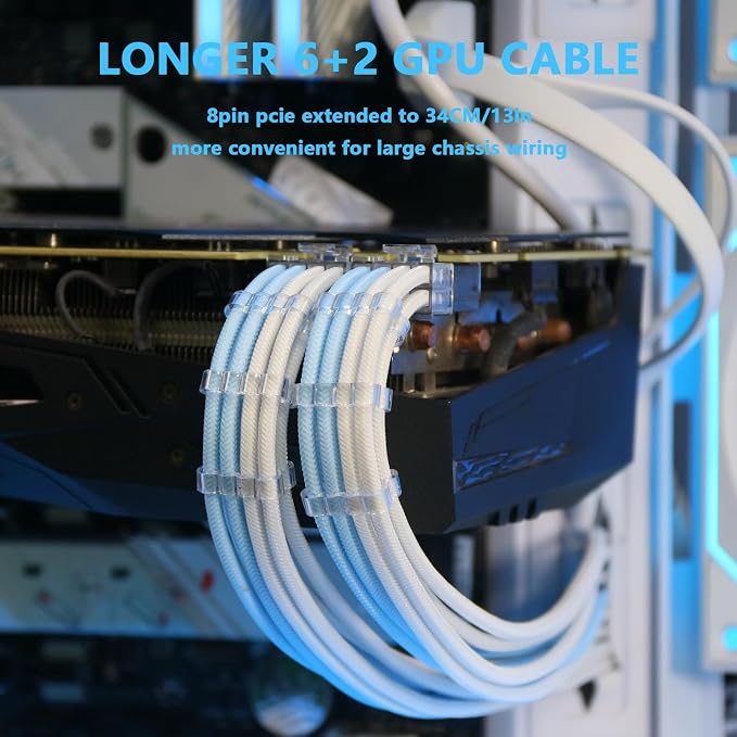Sirlyr PSU Cable Extension,Customed Pre-Bend PC Power Supply Cable,1x 24 Pin ATX / 1x 8 (4+4) Pin EPS/Longer 2X 8 (6+2) Gold-Plated Pin Pcie,Nylon Sleeved Blue White,4 Kits - Image 3